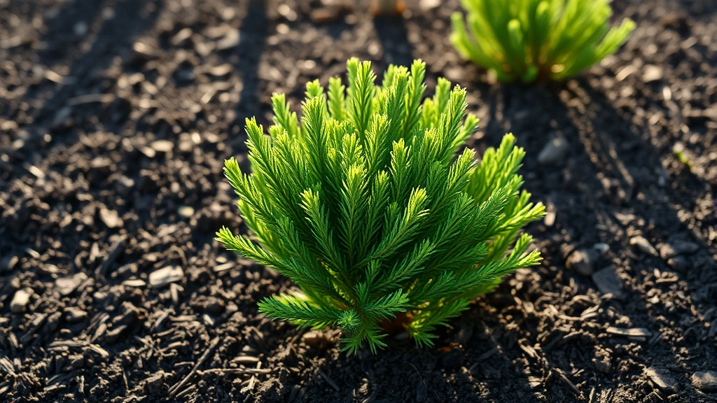 Young arborvitae tree thriving in well-prepared garden soil with rich dark earth, morning sunlight filtering through green foliage, healthy vibrant appearance showing rapid growth