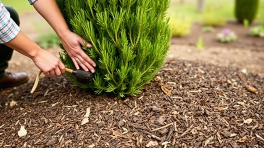 Gardener's hands applying organic mulch around base of established arborvitae tree, demonstrating proper mulching technique with soil visible, peaceful garden setting in background