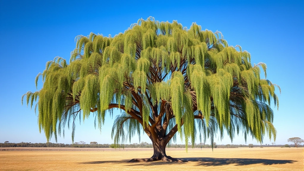 A mature, full-canopied willow tree in a spacious Australian landscape with clear blue sky, demonstrating ideal mature form and growth achievement, positioned in sunlight with healthy branch structure and dense foliage development