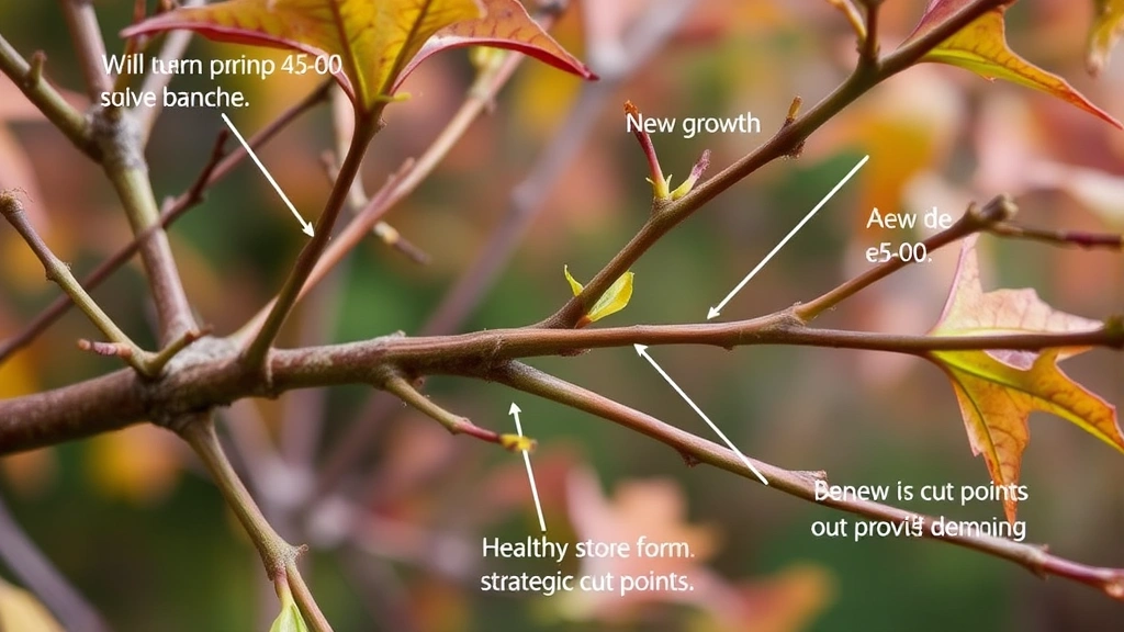 Close-up of properly pruned maple branches with strong 45-60 degree angles, showing healthy branch structure and new growth emerging from strategic cut points