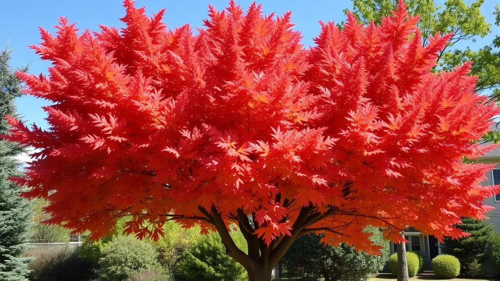 Mature Autumn Blaze maple tree in full sun position with brilliant orange-red foliage, demonstrating the result of years of optimized care and growth management