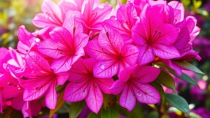 Close-up of lush pink and purple azalea blooms with green foliage in morning sunlight, showing healthy flower clusters in full bloom with water droplets on petals, garden background slightly blurred
