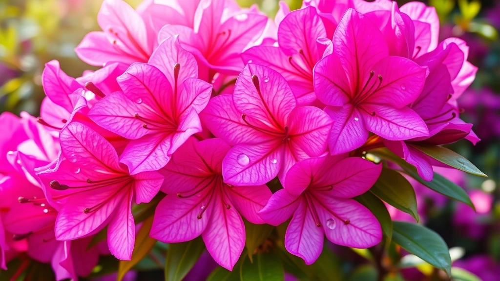 Close-up of lush pink and purple azalea blooms with green foliage in morning sunlight, showing healthy flower clusters in full bloom with water droplets on petals, garden background slightly blurred