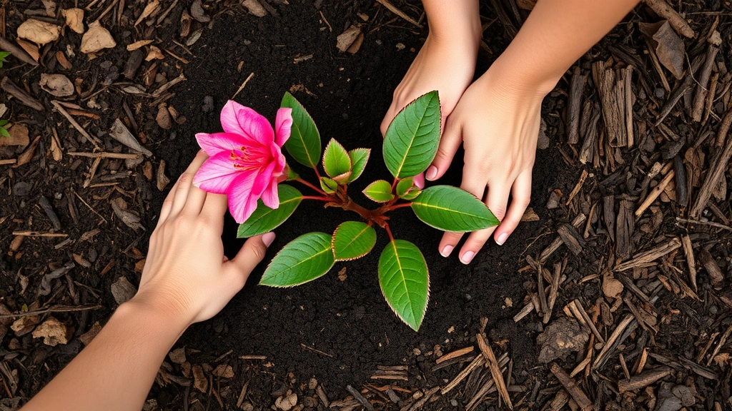 Overhead view of hands working dark acidic soil with organic mulch around base of thriving azalea plant, showing proper soil preparation and mulching technique in natural garden setting