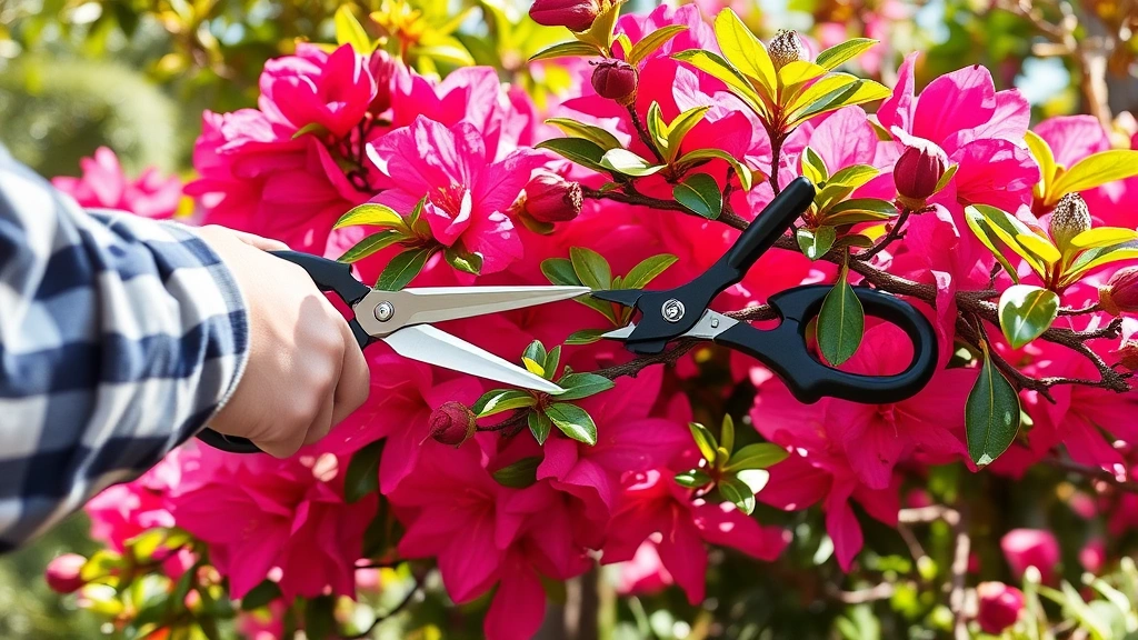 Gardener carefully pruning azalea branches with pruning shears, showing proper technique with selective branch removal and healthy plant structure, natural daylight filtering through foliage