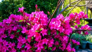 A vibrant azalea shrub in full spring bloom with pink and magenta flowers, showing natural branching structure and dense foliage in a garden setting with morning sunlight filtering through