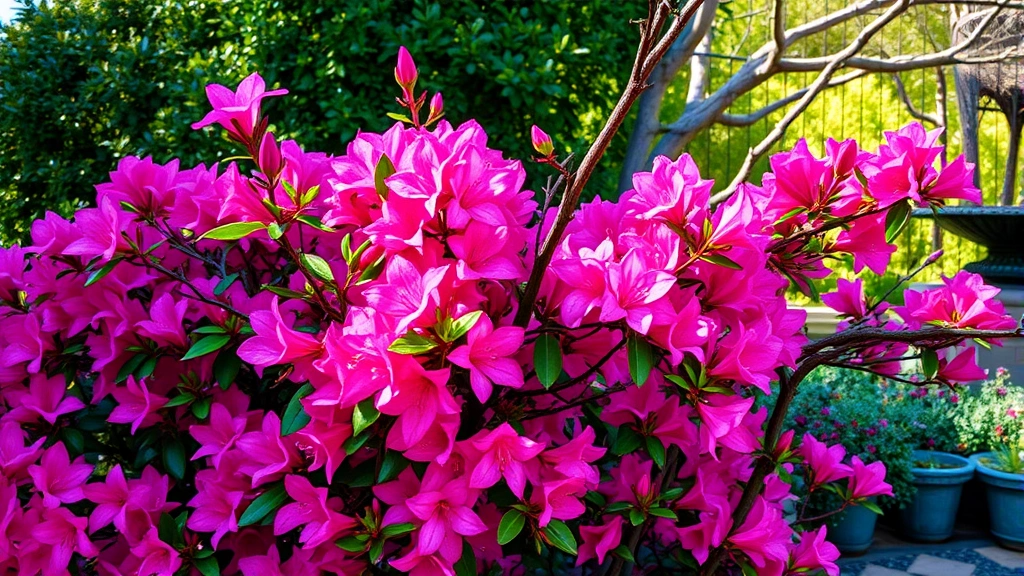 A vibrant azalea shrub in full spring bloom with pink and magenta flowers, showing natural branching structure and dense foliage in a garden setting with morning sunlight filtering through