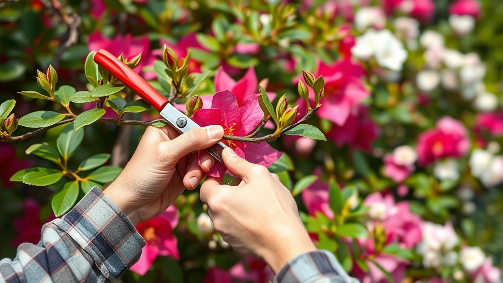 Gardener carefully pruning azalea branches in early summer with sharp pruning shears, showing proper technique with new growth visible and blooming flowers in background