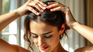 Woman applying golden batana oil to her scalp with fingertips, close-up of hands massaging head, serene expression, natural lighting from window, focusing on the nourishing ritual and scalp care technique
