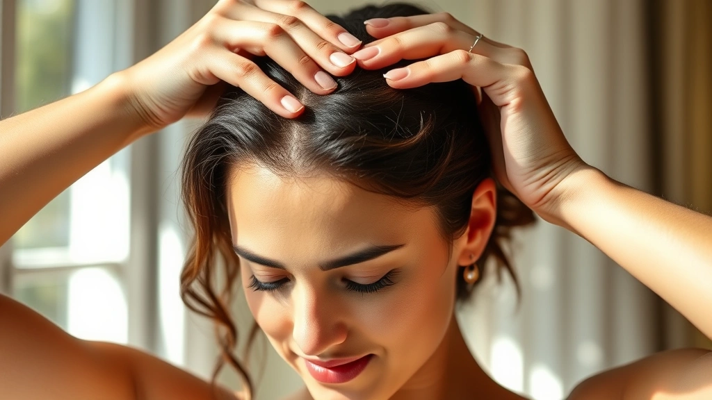 Woman applying golden batana oil to her scalp with fingertips, close-up of hands massaging head, serene expression, natural lighting from window, focusing on the nourishing ritual and scalp care technique