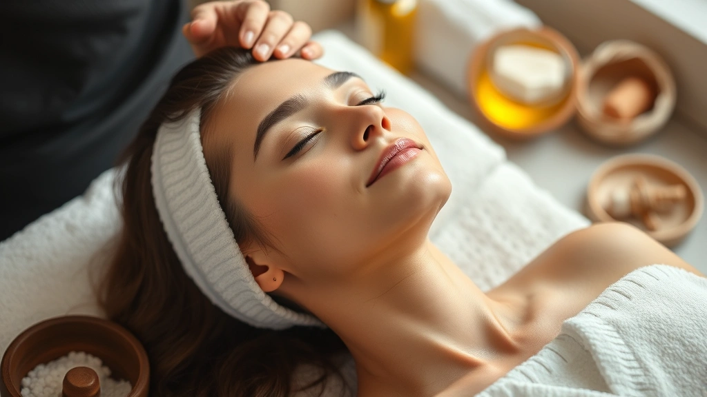 Person relaxing during a hair treatment with warm oil, head tilted back peacefully, spa-like atmosphere with soft towels and natural elements, expressing the self-care and wellness aspect of hair growth routine