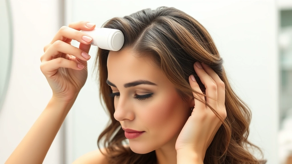 Woman applying hair growth serum to scalp with roll-on applicator, focused expression, well-lit bathroom setting, showing scalp health and confidence