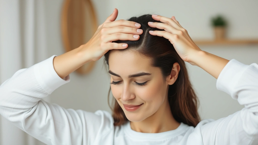 Person performing scalp massage with gentle hand motion, relaxed expression, demonstrating hair care routine and self-care wellness practice at home
