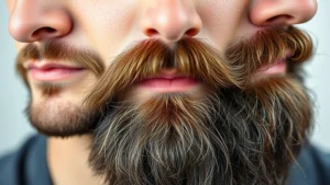 Close-up of a man's face showing progressive beard growth stages, from light stubble to full thick beard, natural lighting highlighting texture and density improvement