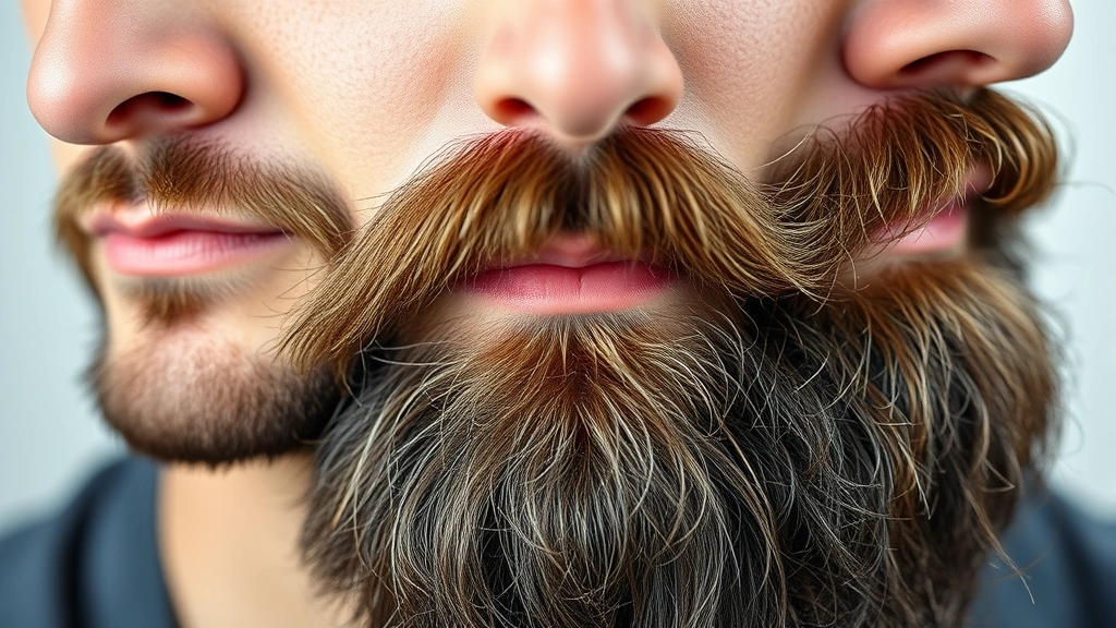 Close-up of a man's face showing progressive beard growth stages, from light stubble to full thick beard, natural lighting highlighting texture and density improvement