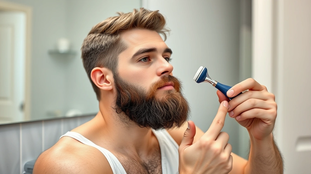 Man applying beard growth serum with derma roller on bathroom counter, demonstrating proper application technique with visible concentration and care