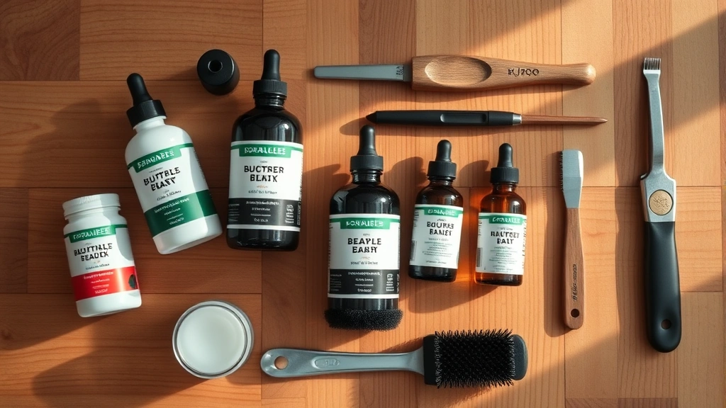 Overhead flat lay of beard growth kit components including serums, supplements, oils, and grooming tools arranged on natural wood surface with soft morning light