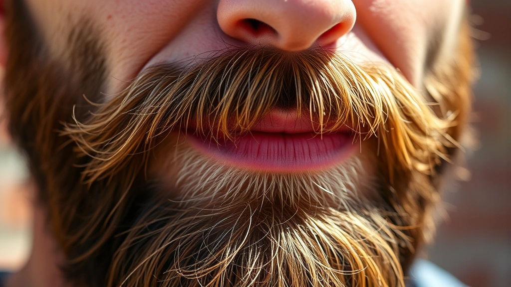 Close-up of a man's face showing a thick, healthy beard with visible texture and shine, natural outdoor lighting, confident expression, grooming excellence, photorealistic detail