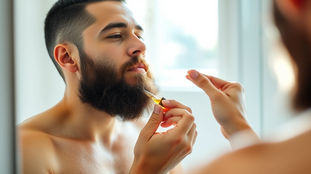 Man applying beard oil with dropper to facial hair, hands visible, morning routine setting, bathroom mirror reflection, focused concentration, natural light streaming through window