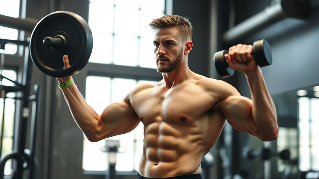 Man in gym performing strength training exercise, showing physical fitness and athletic build, natural lighting, focused expression demonstrating commitment to health optimization