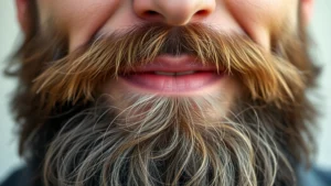 Close-up of healthy, thick beard on masculine face showing texture and fullness, natural lighting, confident expression, well-groomed appearance