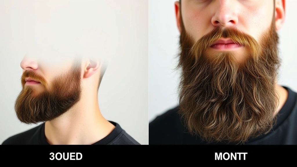 Progression of beard growth stages displayed side-by-side showing transformation from light stubble to full thick beard over months, natural lighting