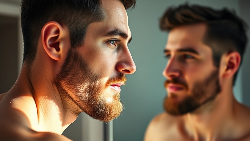 Man in early stubble phase, three-day beard visible on jaw and chin, fresh clean skin, morning light, confident expression, bathroom mirror reflection