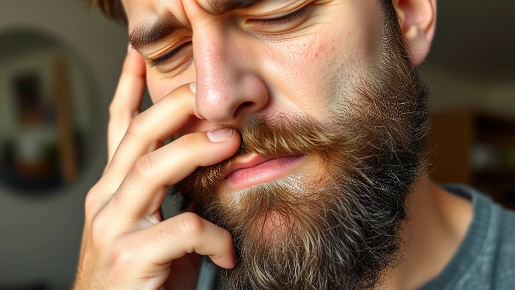 Frustrated man scratching itchy beard in mid-growth phase around 4-5 weeks, showing discomfort but determined expression, natural indoor lighting, close-up of facial hair texture
