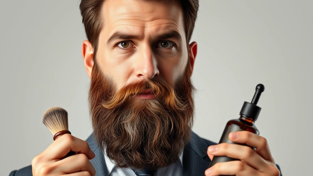 Well-groomed man with 5-6 month full beard, professional appearance, holding beard brush and oil bottle, refined styling visible, confident posture, studio lighting highlighting beard texture and color