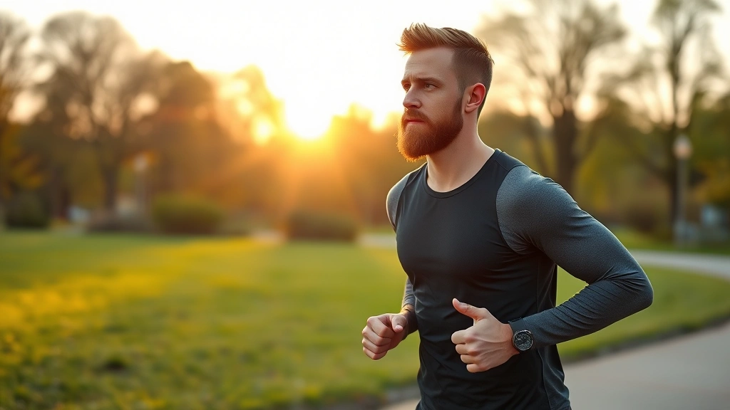 Fit man exercising outdoors during sunrise, jogging through park with focused expression, representing cardiovascular health and stress reduction for optimal beard growth conditions
