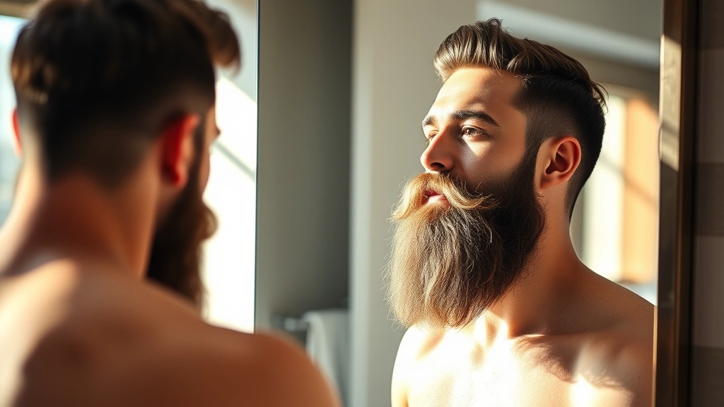 A confident man with a thick, well-groomed beard examining his reflection in a bathroom mirror, morning sunlight streaming through the window, showing satisfaction with his facial hair growth and grooming routine