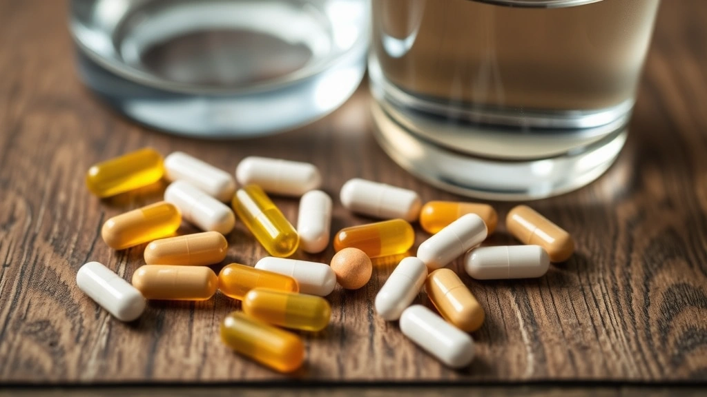 Close-up of supplement capsules and vitamins scattered on a wooden surface next to a glass of water, representing beard growth supplements and nutritional support for hair health