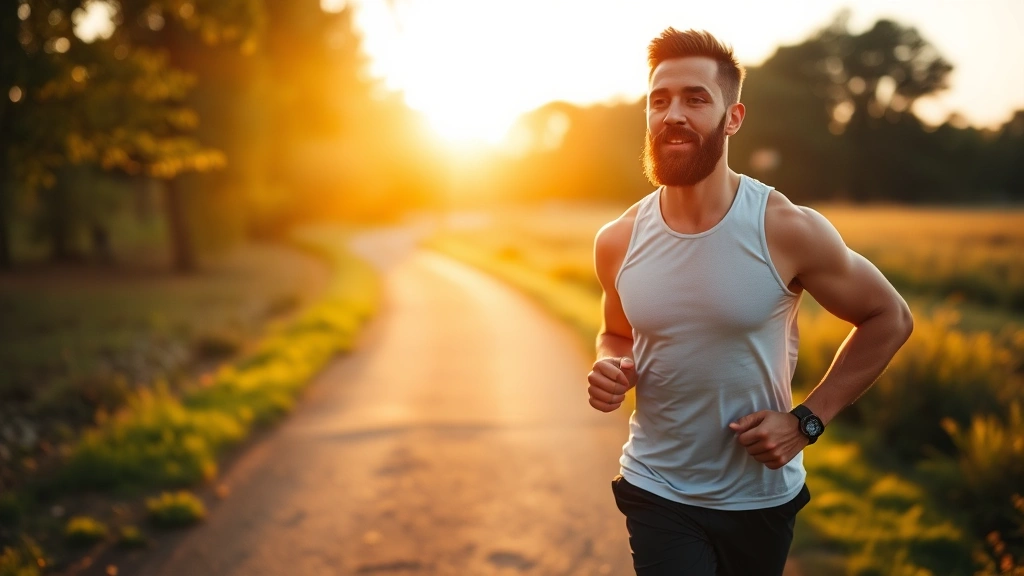 A fit man exercising outdoors during sunrise, jogging through a park trail, representing the lifestyle factors like exercise, sleep, and stress management that support natural beard growth