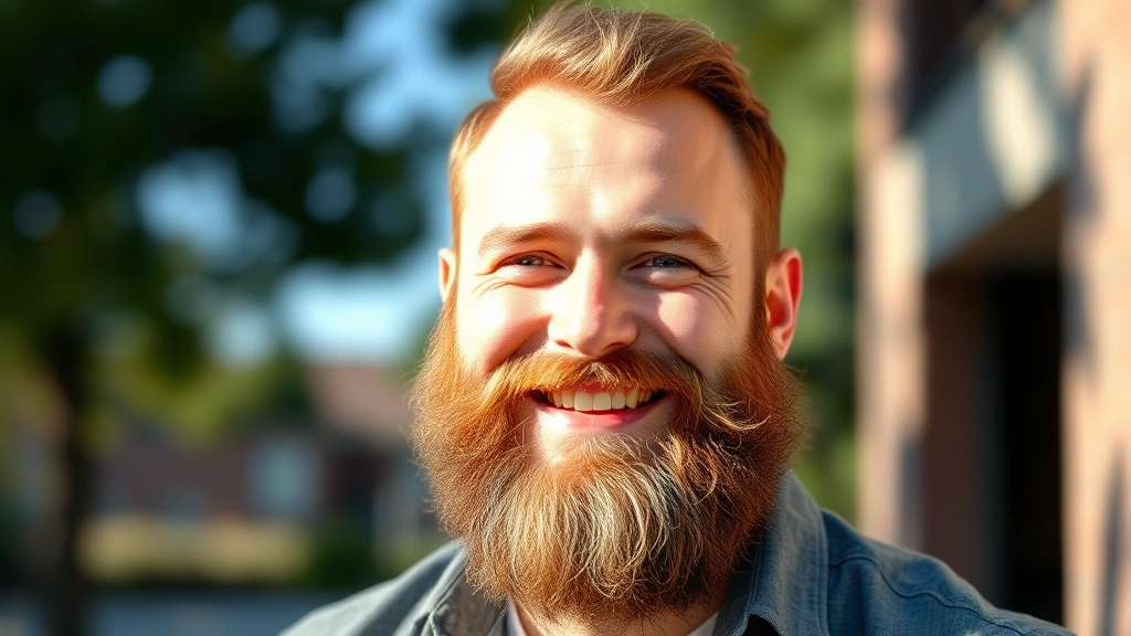 Professional man with full, healthy beard smiling confidently outdoors, natural sunlight highlighting beard texture, wearing casual shirt, genuine expression of confidence and self-assurance