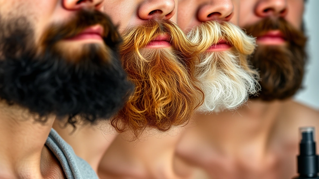 Close-up of diverse men displaying different beard styles and growth stages, showing natural variation in beard density and thickness, morning grooming routine setting with grooming products visible