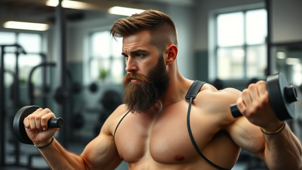 Athletic man doing resistance training in modern gym, focused expression, demonstrating exercise and physical fitness that supports beard health through improved circulation and testosterone