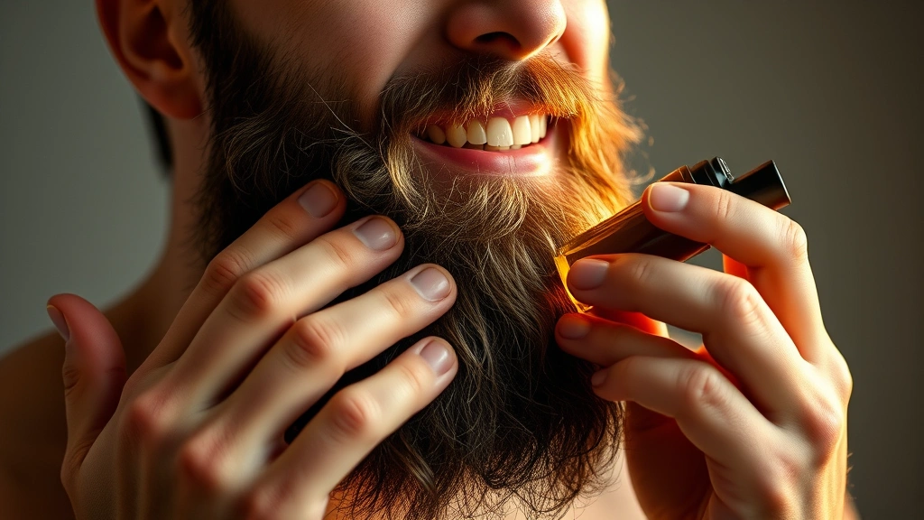 Man massaging beard oil into full beard and skin beneath, hands visible, warm lighting, satisfied expression, demonstrating proper application technique