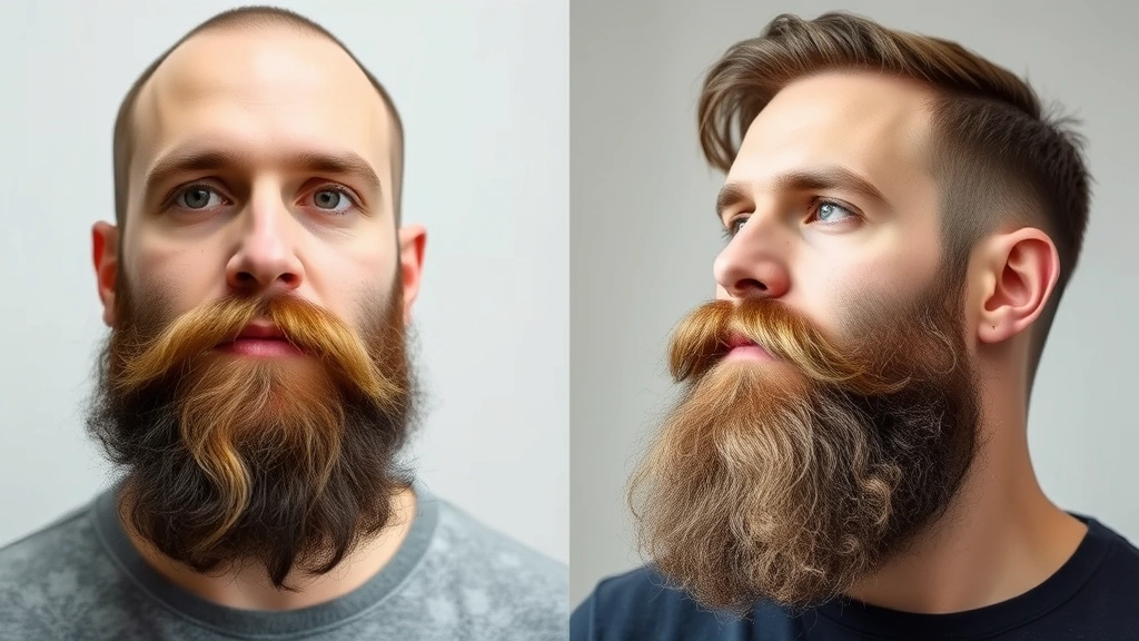 Before and after progression of beard growth stages from stubble to full mature beard, same man, different angles, healthy lustrous appearance
