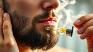 Close-up of a well-groomed man applying beard oil with dropper, steam rising from freshly showered face, warm lighting emphasizing grooming care and self-improvement commitment
