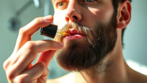 Close-up of well-groomed man applying beard oil with dropper, morning sunlight, focused expression, bathroom setting, showing product penetration into facial hair