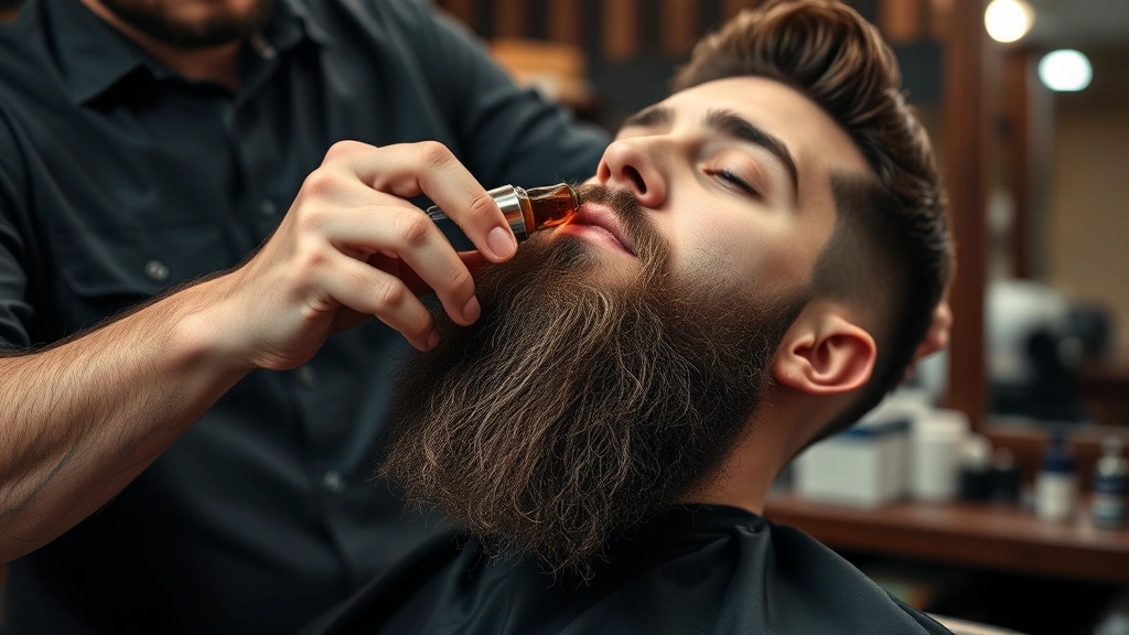 Barber demonstrating beard oil massage technique on client, hands working through thick beard, professional barbershop environment, warm lighting, demonstrating proper distribution method