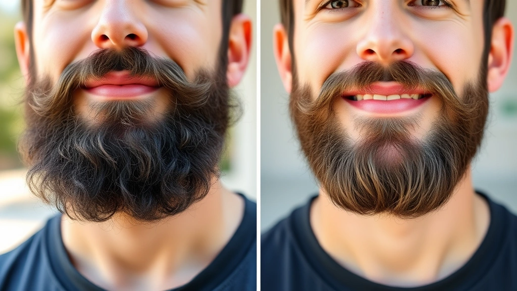 Healthy full beard transformation comparison, man showing improved beard thickness and shine, natural outdoor lighting, confident expression, healthy skin visible beneath facial hair