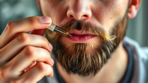 Close-up of a man applying beard oil to his mustache with a dropper, hands visible, professional grooming setting, natural morning light, focused expression