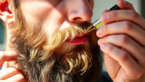 Man with full, healthy beard applying beard oil with dropper, focused expression, natural sunlight, close-up of beard texture and hands, photorealistic
