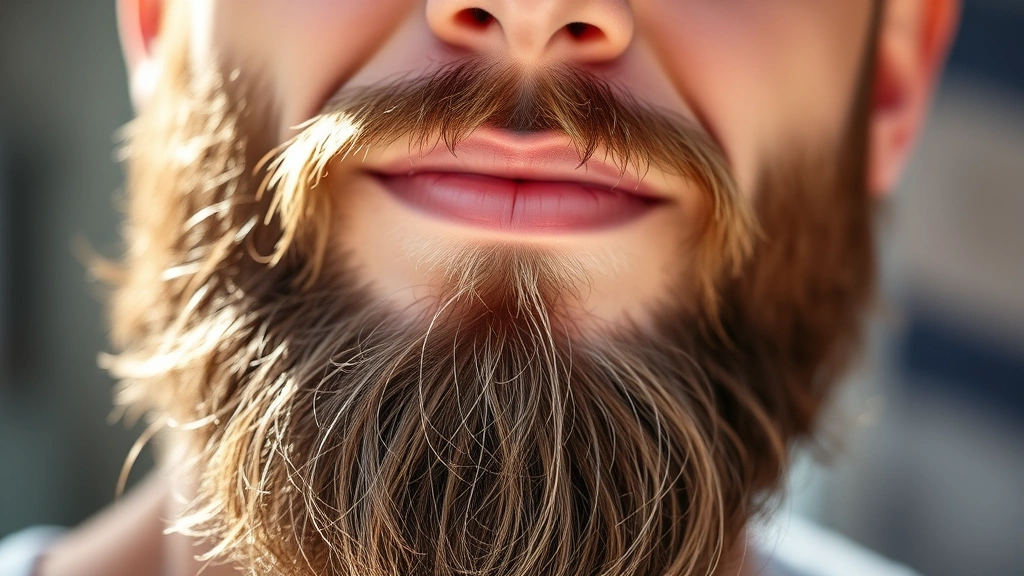 Close-up of healthy, full beard on confident man, natural sunlight, showing texture and shine, professional grooming environment