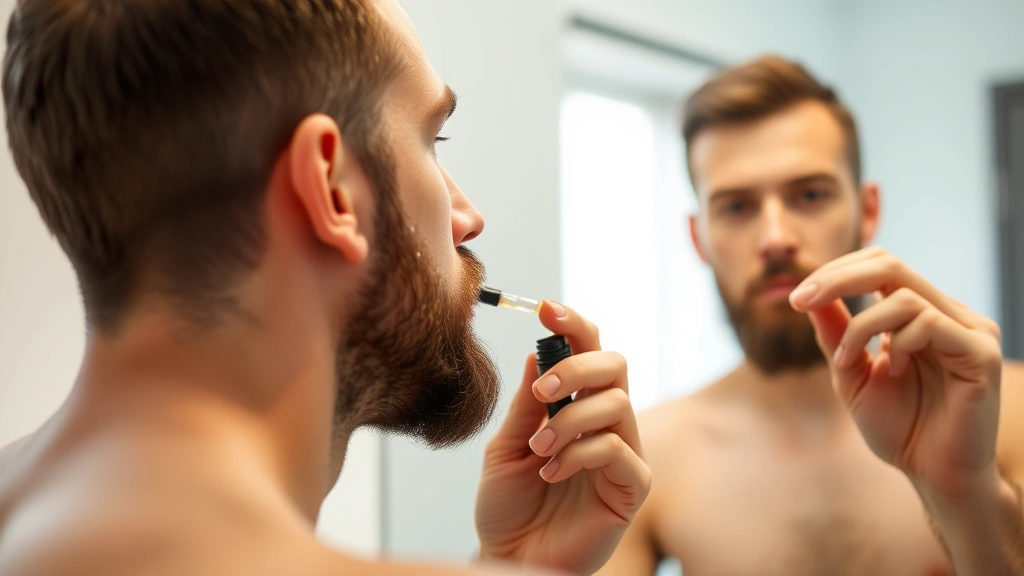 Man applying beard oil with dropper, focused expression, morning routine setting, bathroom mirror reflection, showing proper application technique