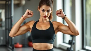 Woman in fitness attire performing chest exercises with proper form, confident posture, natural lighting, photorealistic, focused expression, gym or home workout setting