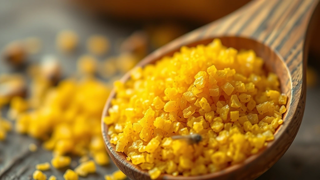 Close-up of golden bee pollen granules in a wooden spoon, warm natural lighting, shallow depth of field, showing texture and detail of pollen