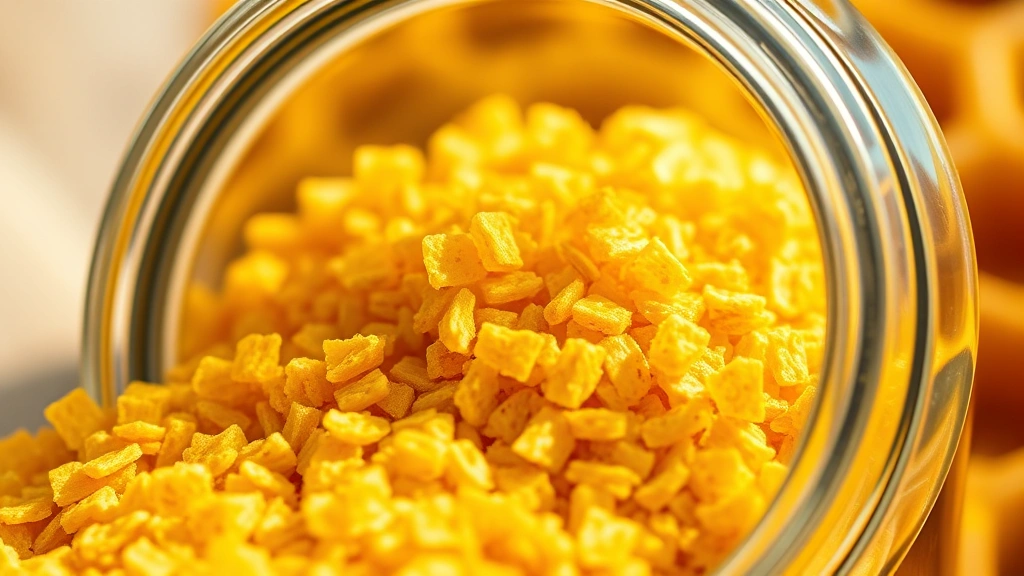 Close-up of golden bee pollen granules in glass jar with honeycomb and natural lighting, emphasizing nutrient density and natural supplement quality