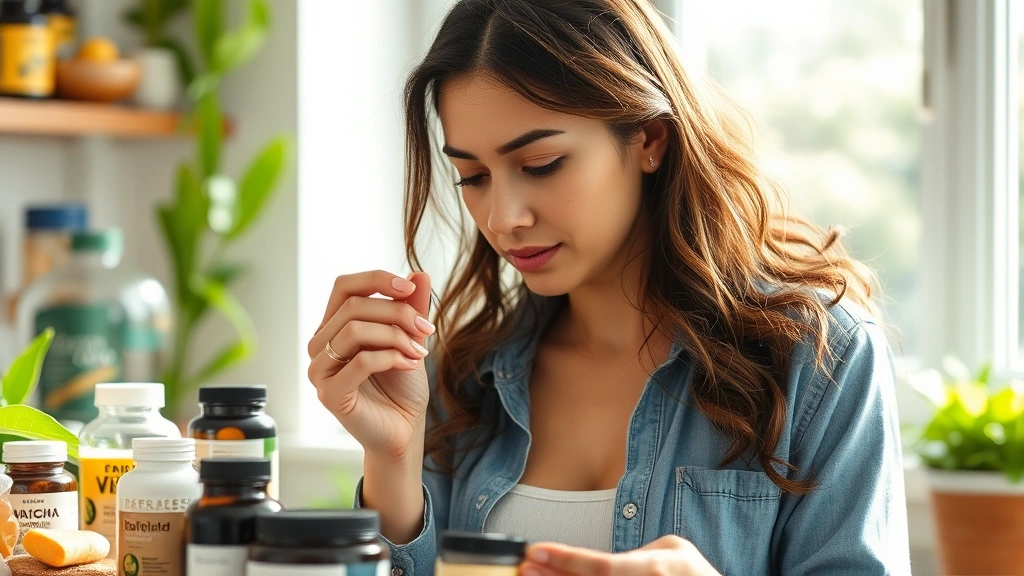 Woman examining natural supplements and wellness products in bright natural lighting, focusing on healthy lifestyle choices and informed decision-making about nutritional supplements